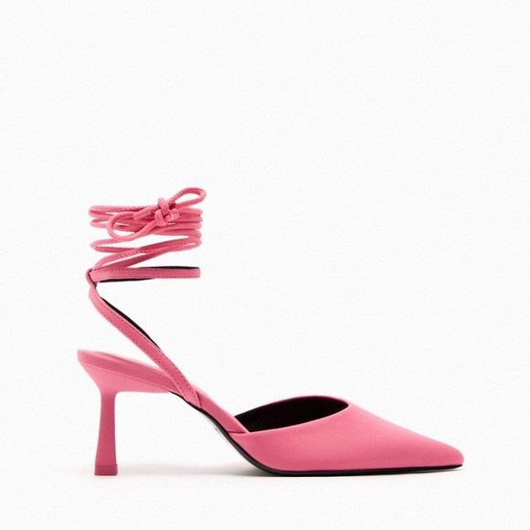 ZARA Pink Fabric Lace Up Strappy Pointed Toe Heel Slingback Sandals 6.5 (37) NWT - Picture 11 of 12